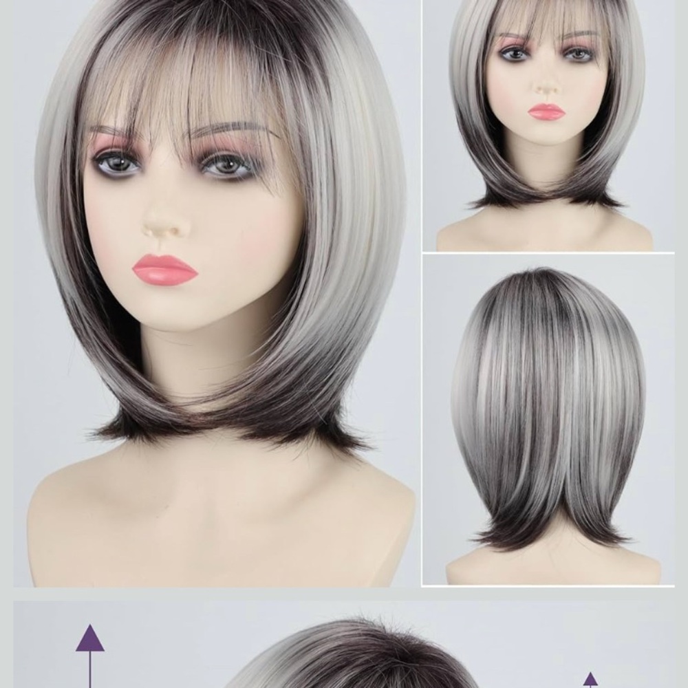 RENERSHOW Med Length Bob Wig w/Bangs Layer BlondeBalayage Ombre Platinum w/Brown